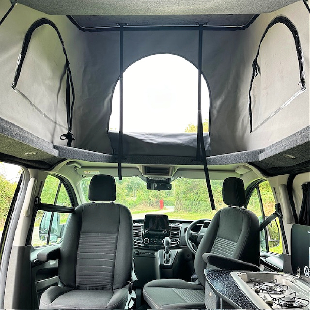 Ford Custom Pop-top In Gloss Black, Standard Grey Canvas, Bi-fold Bed With Assisted Struts & Cab Cover Panel 12 Day Van Conversions