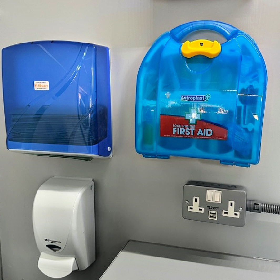 Renault Master Soap Dispenser, Paper Towel Dispenser, First Aid Kit, Eye Wash Station and Double Plug Socket With USB Welfare Vehicle Conversions